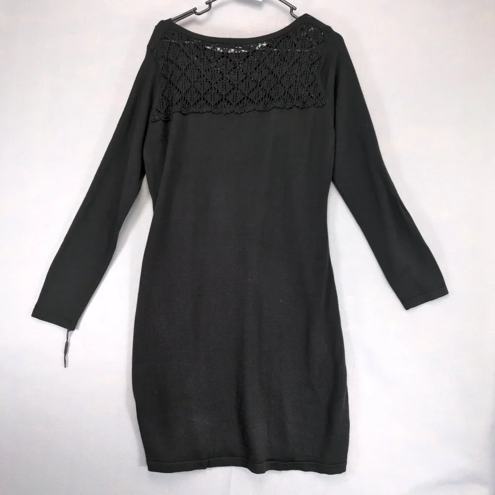 Calvin Klein Women's XL Black Knit Crochet Detail Dress, Long Sleeve, Whimsigoth